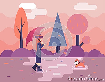 Autumn walk with dog puddles umbrella nature park Vector Illustration