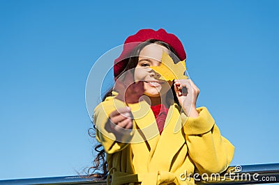 Autumn walks are best. Happy smiling kid. Beautiful autumn. Enjoy season. Little girl adore autumn season. Kid cute face Stock Photo