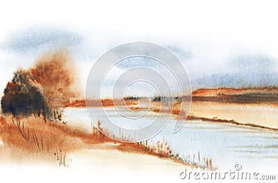 Autumn watercolor blurry landscape. Daytime view of faded fall nature. Brown bank of slow river with stunted vegetation and dim Stock Photo