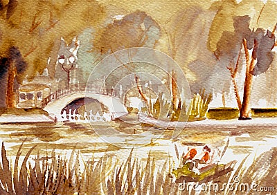 Autumn watercolor landscape pond and bridge in the park Cartoon Illustration