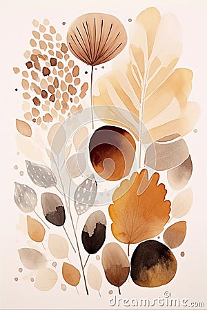 Autumn watercolor painting with leaves and spots in earthly neutral tones. Vertical printable wall art Stock Photo