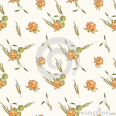 Autumn Watercolor Seamless Pattern with Cloudberry . Autumn leaves. Design for Packaging, Stationery, Scrapbooking and Stock Photo