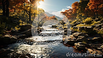 Autumn waterfalls scenery at sunny day Stock Photo