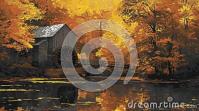 Autumn Watermill Painting Stock Photo