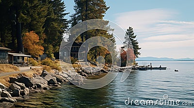 Autumn Waterside Retreat: Unreal Engine 5, 32k Uhd, Forestpunk With Whistlerian Vibes Stock Photo