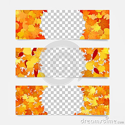 Autumn web banners for sites, advertisement and promotion. Frames with yellow and orange leaves Vector Illustration