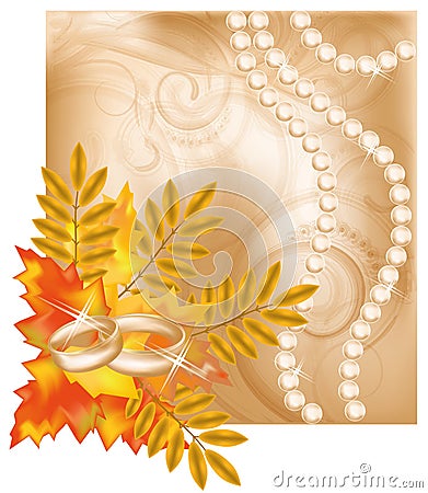 Autumn wedding card with golden rings Vector Illustration