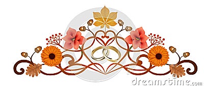 Autumn wedding decoration with rings, leaves and flowers Vector Illustration