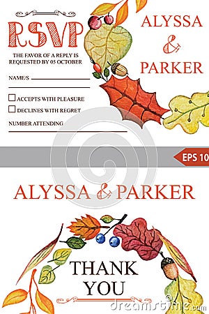 Autumn wedding template set.Watercolor leaves Vector Illustration