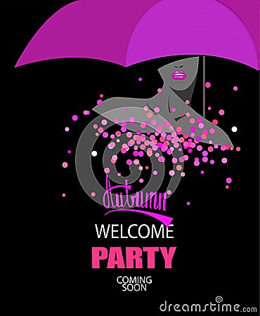 Autumn welcome party with umbrella and young woman under it. Vector Illustration