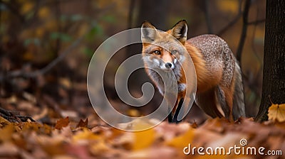 Autumn Whispers: A Curious Red Fox in a Vibrant Forest created using generative AI Stock Photo