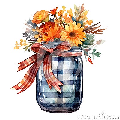 Autumn Whispers: Serene Florals in Mason Jar with Plaid Bow - Isolated on White Background - Generative AI Stock Photo