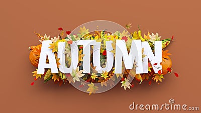 Autumn white text with pumpkins, corn and colorful leaves on brown background Stock Photo