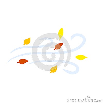 Autumn Wind. Stream of air with red and yellow leaves. Blue wavy line. Vector Illustration