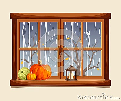 Autumn window with rain outside. Cartoon vector illustration Vector Illustration