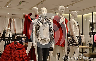 Autumn winter fashion Mannequins in fashion clothing shop,dress store,dress shop, Stock Photo