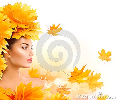 Autumn woman. Beauty model girl with autumn bright leaves hairstyle Stock Photo