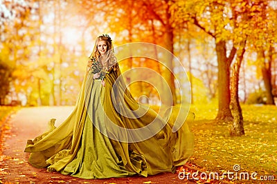 Autumn Woman, Fashion Model Outdoor Portrait, Girl Fall Dress Stock Photo