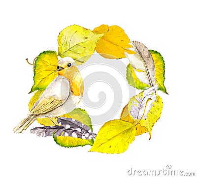 Autumn wreath frame with yellow leaves, feathers and bird. Stock Photo