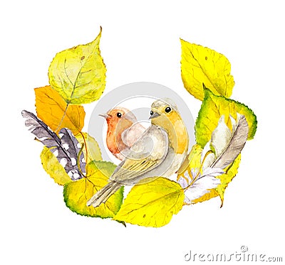 Autumn wreath frame with yellow leaves, feathers and bird. Stock Photo