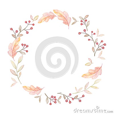 Autumn Wreath, Watercolor Red Berries, Fall Floral Clip Art Stock Photo