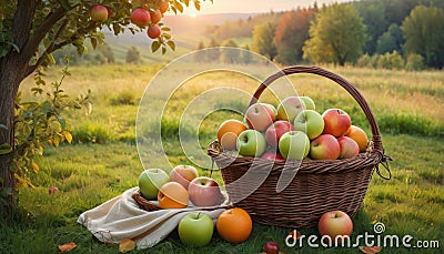 Autumnal Apple Harvest in Wicker Basket Stock Photo