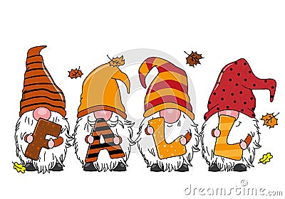 Autumnal card. Three cute gnomes. Vector Illustration