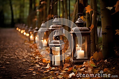 Autumnal ceremony in a forest clearing with fallen leaves, rustic wooden benches. AI Generated Stock Photo