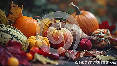 Autumnal concept with seasonal fruits and vegetables Stock Photo