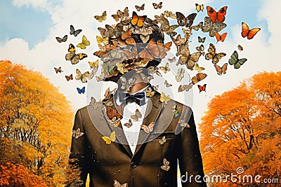 Autumnal Digital Collage Art. Man And Butterflies Head. Stock Photo