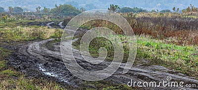 autumnal foggy morning rustic lansdcape with dirt road in the foreground and far bushes and trees in the background Stock Photo