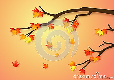 Autumnal forest with falling maple leaves. Vector Illustration