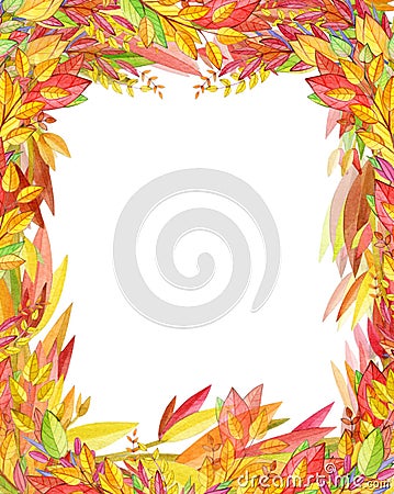 Autumnal frame, colorful autumnal leaves, watercolor illustration, isolated on white Cartoon Illustration