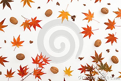 Autumnal frame with fall maple leaves and walnut on white. Flat lay, top view. Thanksgiving day concept Stock Photo