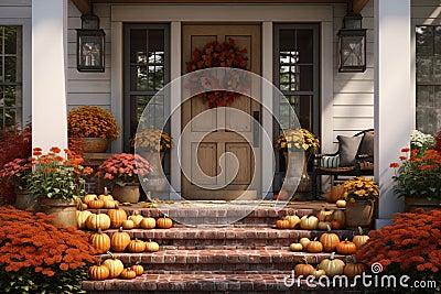 Autumnal front porch decor with pumpkins mums Stock Photo