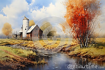Autumnal Harmony: A Charming Farm Scene with a Riverside Barn, T Stock Photo