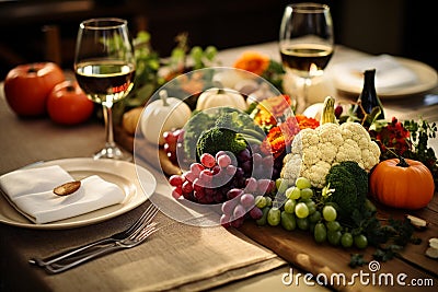 Autumnal Harvest: A Bountiful Table Setting with Seasonal Delights Stock Photo