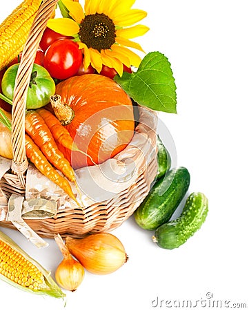 Autumnal harvest vegetables and fruits in basket Stock Photo