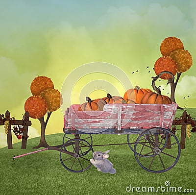 Autumnal landscape with a cart full of pumpkins Stock Photo