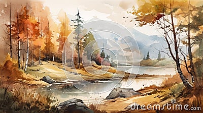 Autumnal Landscape with Mountains, Forests, and a Lake in Watercolor. Perfect for Posters and Wallpapers. Stock Photo