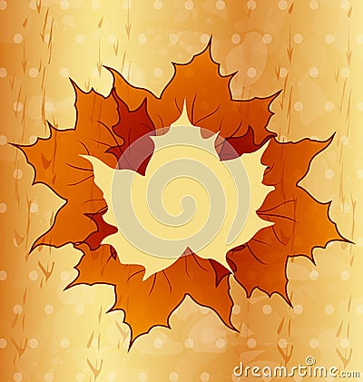 Autumnal maple leaves, wooden texture Vector Illustration