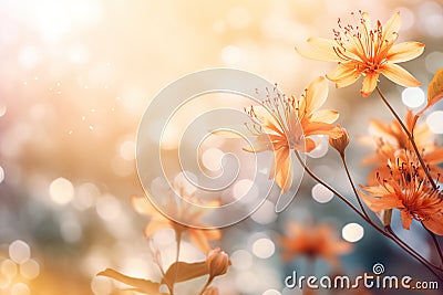 Autumnal natural tropic flowers in warm color tones with empty space. Illustration, Generative AI Stock Photo