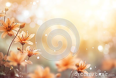 Autumnal natural tropic flowers in warm color tones with empty space. Illustration, Generative AI Stock Photo