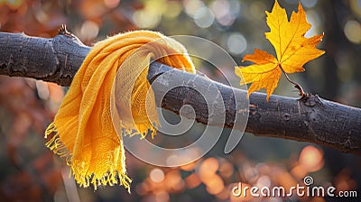 An autumnal scarf d down from a tree branch looking like a fallen leaf Stock Photo