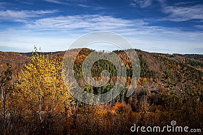 Autumnal sunset landscape in Sowie mountains, Poland. Stock Photo