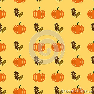 Autumnal Thanksgiving orange seamless pattern with pumpkin and leaf, leaves illustration Cartoon Illustration