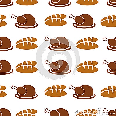 Autumnal Thanksgiving orange seamless pattern with turkey and bread illustration on white background Cartoon Illustration