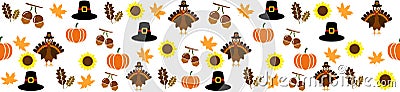 Autumnal Thanksgiving orange seamless pattern with turkeys, pumpkin, leaves, sunflowers, hat illustration. Cartoon Illustration
