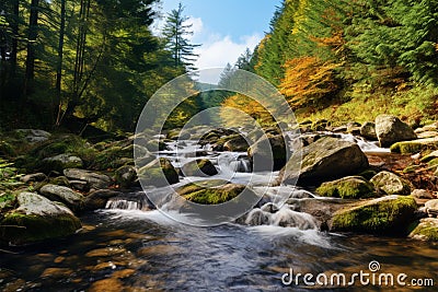 Autumns charm Close up nature landscape with mountain creek and forest Stock Photo