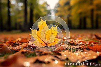 Autumns embrace closeup yellow maple leaf in a vibrant landscape Stock Photo